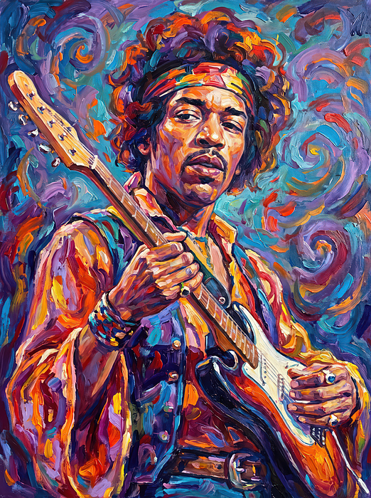 Jimi Hendrix Vibrant Portrait Beach Towel by Land of Dreams - Land