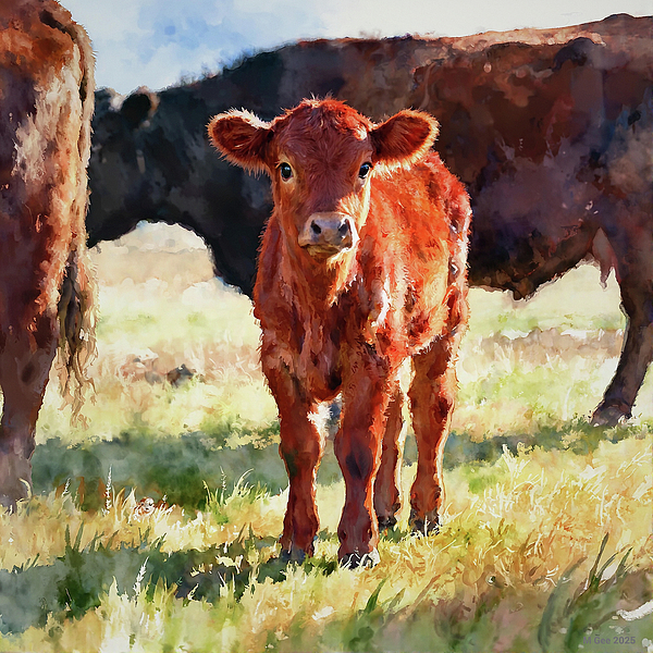 水彩壁絵 Watercolor *The Tender Calf Calf* Red Angus Calf Study B In Watercolor Jigsaw Puzzle by Olde Time