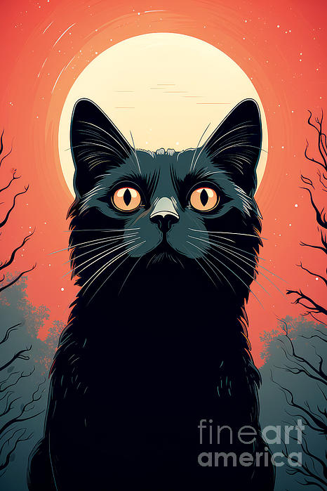 Retro style poster of a black cat against the moon. Digital