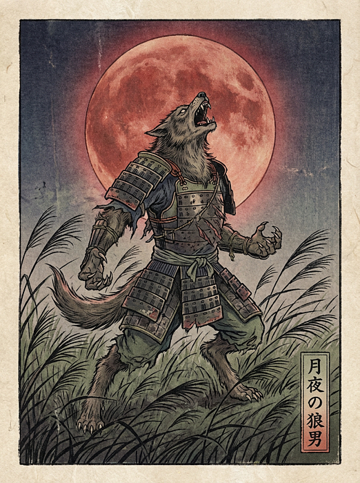 Samurai Werewolf and Blood Moon Vintage Japanese Ukiyo e Woodblock