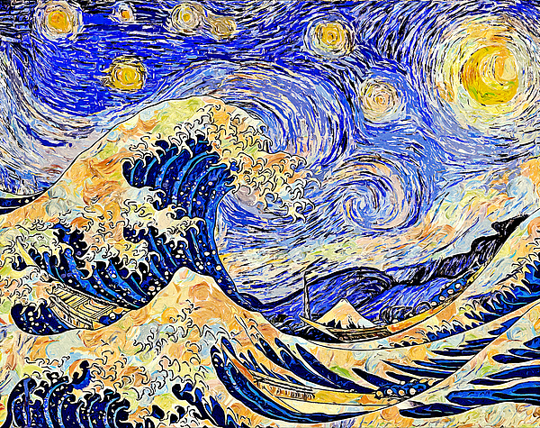 Starry Night over The Great Wave off Kanagawa - colorful digital