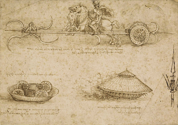 Studies of military tank-like machines by Leonardo da Vinci, 1860. Da ...