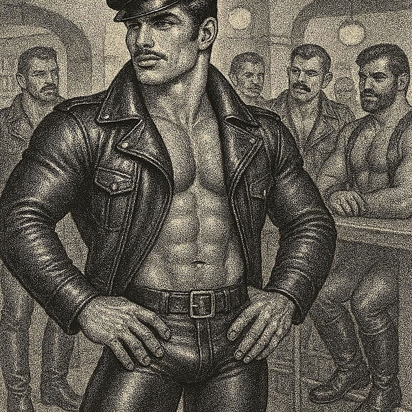 Vintage Biker Adonis In Leather Charcoal Pointillism Tom of Finland ...