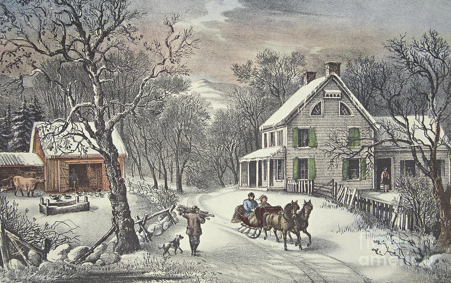 American Homestead Winter Painting by Currier and Ives - Metal Posters