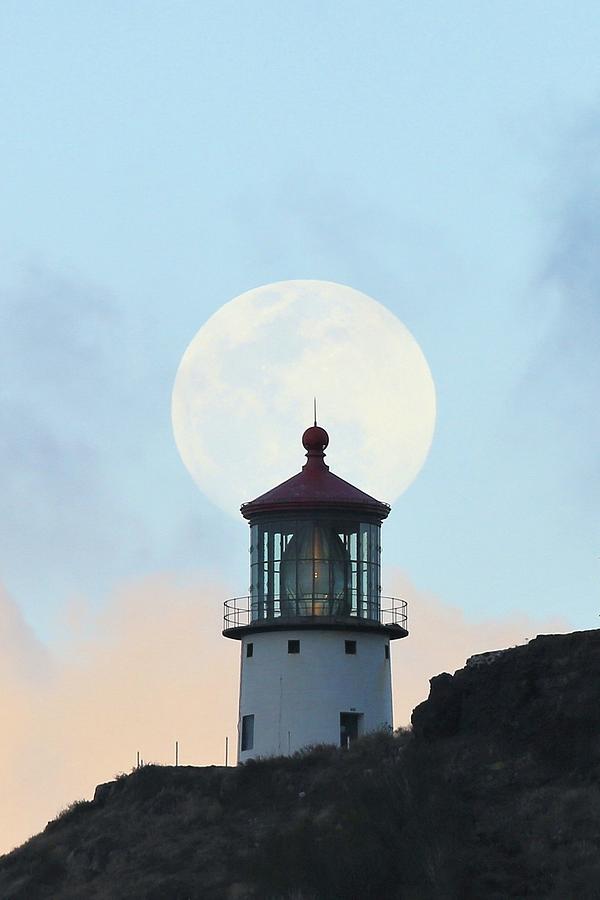 Full moon over Makapuu Light #1 Photograph by M C Hood