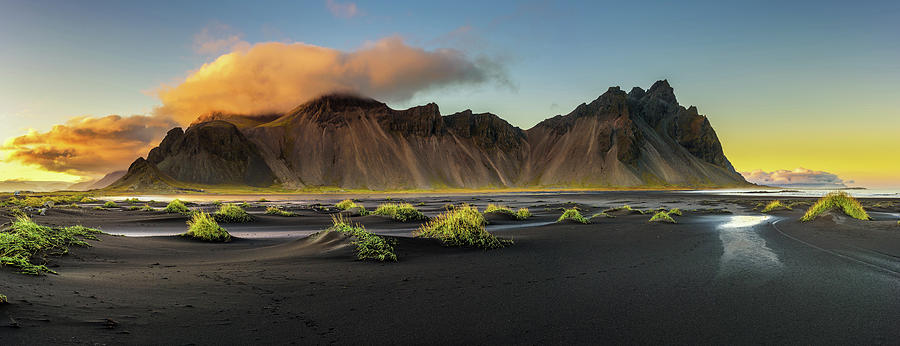 Sunset above  Vestrahorn and its black sand beach in Iceland #1 Photograph by Miroslav Liska