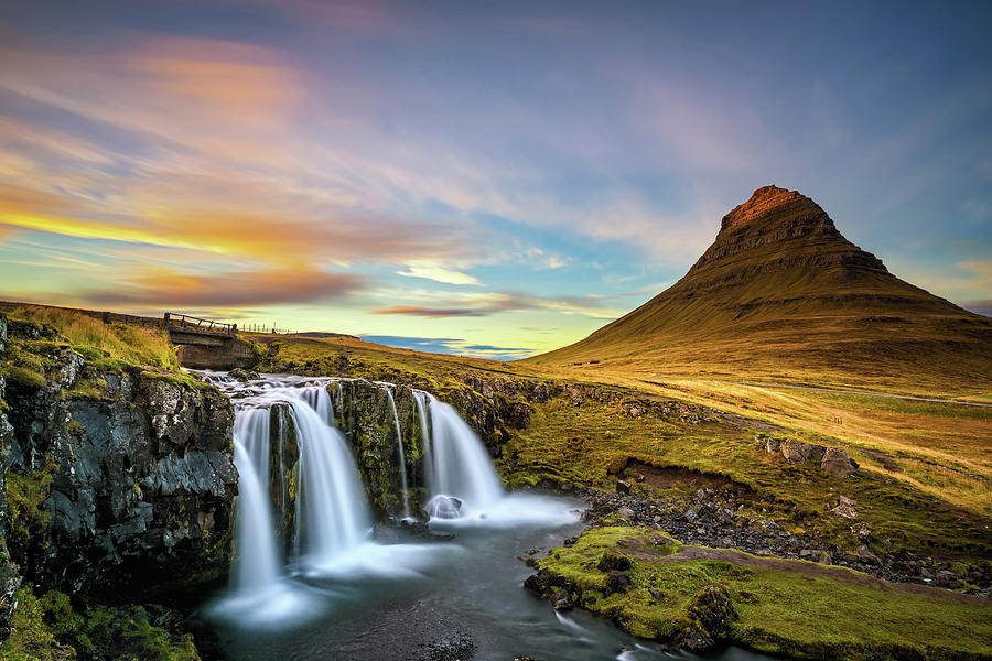 Sunset over Kirkjufellsfoss Waterfall and Kirkjufell mountain  #2 Photograph by Miroslav Liska