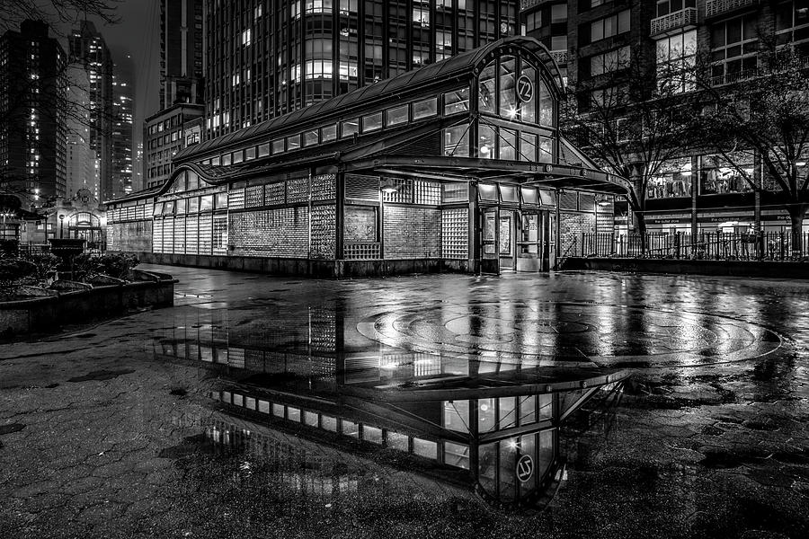 Reflections of Urban Architecture at Night Photograph - 72nd St Broadway Subway Station NYC BW by Susan Candelario