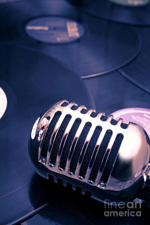 Retro Microphone with Vinyl Records Photograph - Art of classic communication by Jorgo Photography