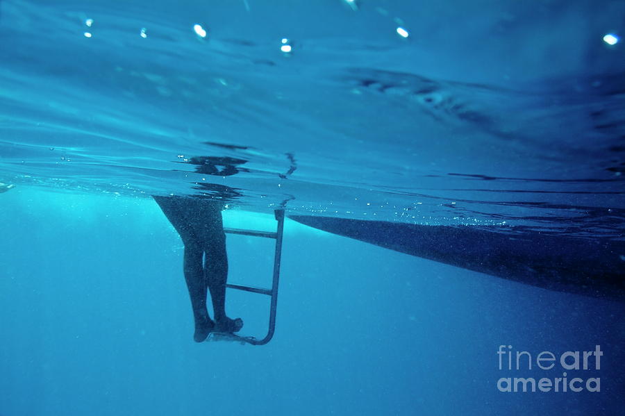 Bare legs descending underwater from the ladder of a boat Photograph by Sami Sarkis Photography