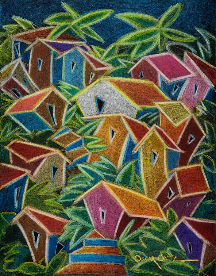 Colorful Puerto Rican Village Scene Painting - Barrio Lindo by Oscar Ortiz