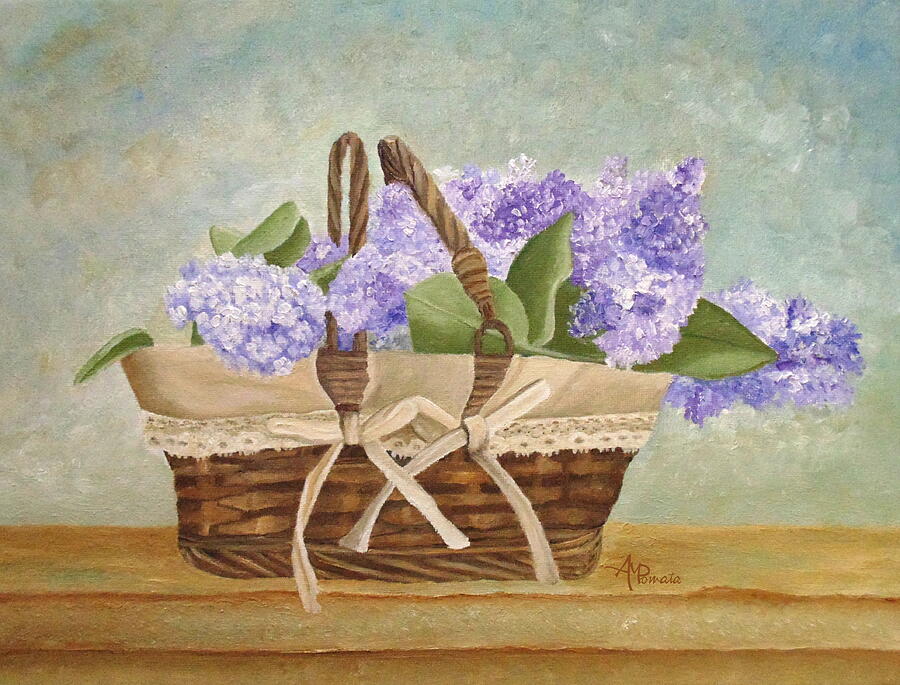 Basket of Lavender Flowers Painting - Basket Of Lilacs by Angeles M Pomata