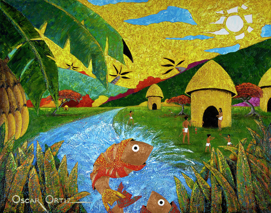 Taino Village Life Painting - Boriken by Oscar Ortiz