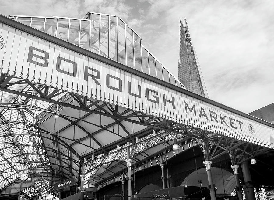 Borough Market and The Shard Photograph - Borough Market London in Mono by Georgia Clare