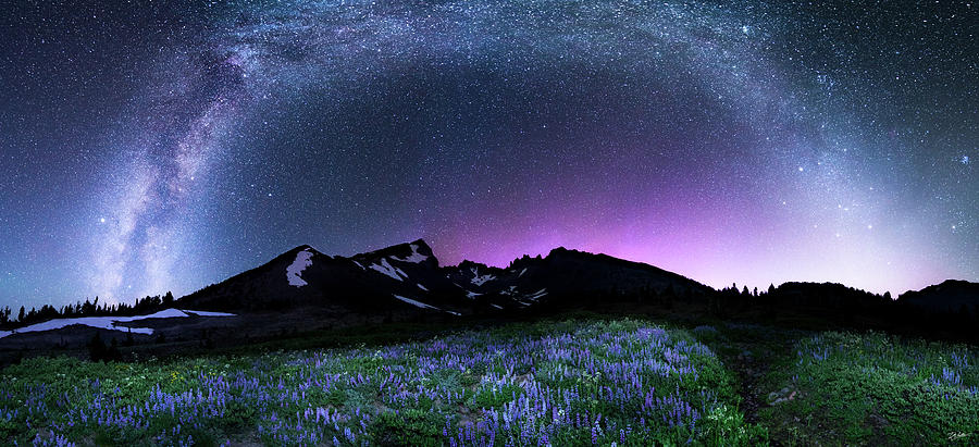 Starry Night Over Mountain Landscape Photograph - Broken Top Panorama by Russell Wells