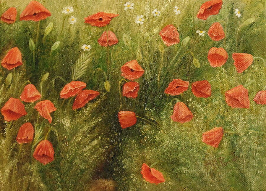 Poppies in a Lush Meadow Painting - Bunch Of Poppies by Angeles M Pomata
