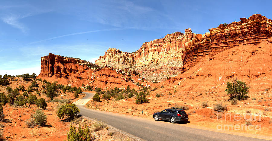 Red Rock Desert Road Trip Photograph - Capitol Reef Subaru Outback by Adam Jewell