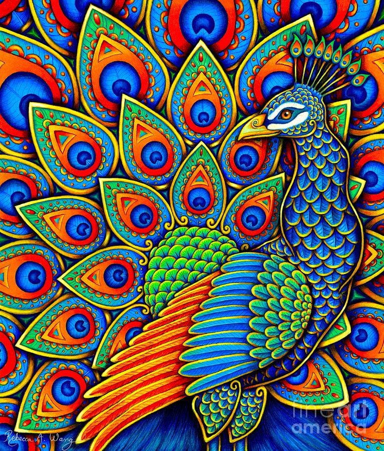 Vibrant Peacock with Elaborate Feathers Drawing - Colorful Paisley Peacock by Rebecca Wang