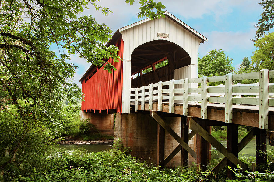 Charming Red Covered Bridge Photograph - Currin Bridge by Mary Jo Allen