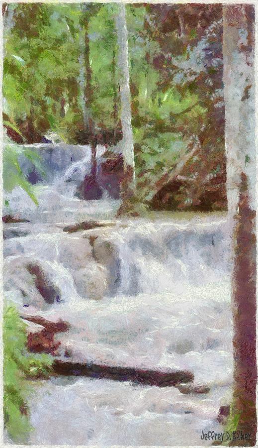 Tranquil Forest Waterfall Scene Painting - Dunn River Falls by Jeffrey Kolker