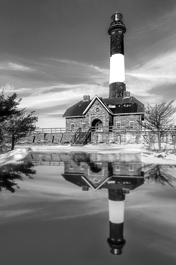 Lighthouse with Reflective Pool Photograph - Fire Island Lighthouse BW by Susan Candelario