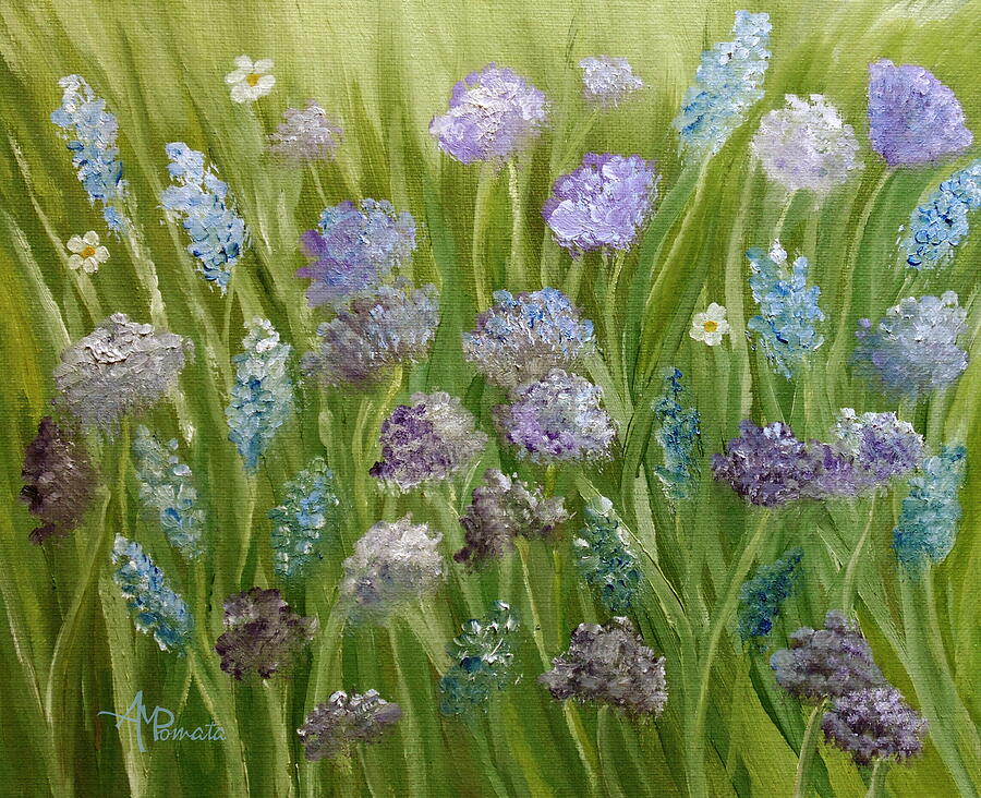 Lavender Field in Bloom Painting - Flowers Field by Angeles M Pomata