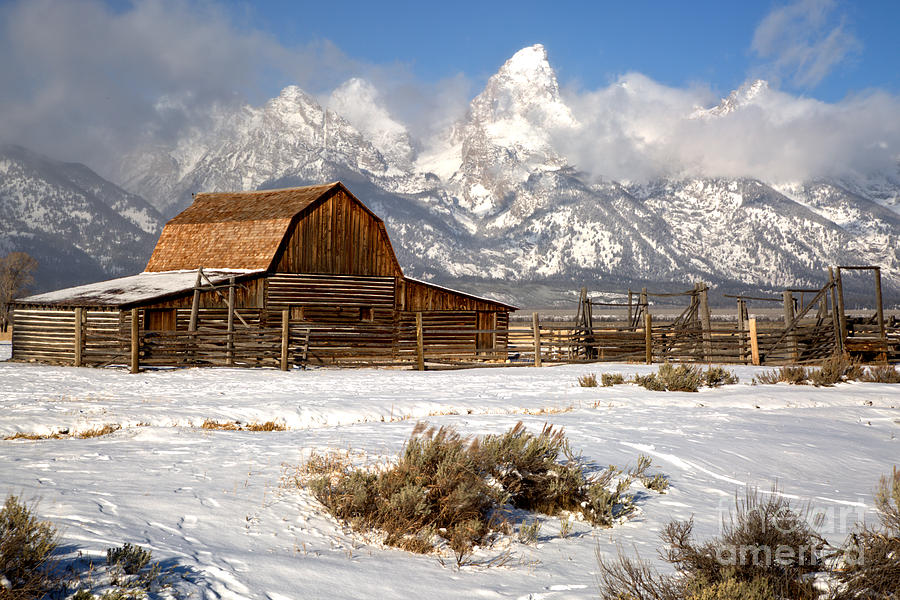 Snowy Barn with Mountain Backdrop Photograph - Frigid Morning At The Moulton Barn by Adam Jewell