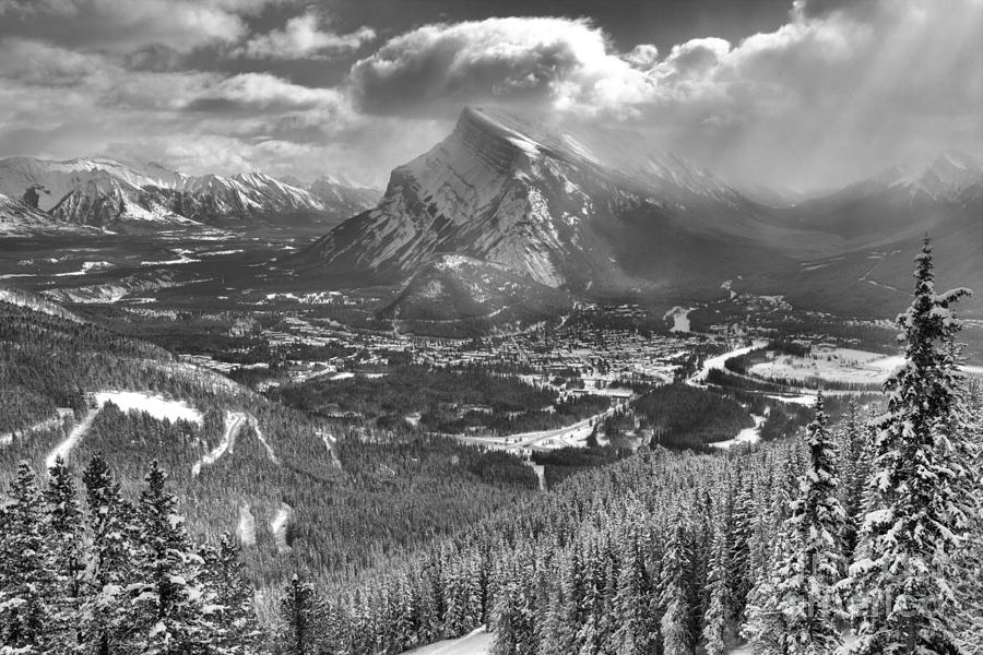 Monochrome Mountain Landscape Photograph - From Norquay To Rundle Black And White by Adam Jewell