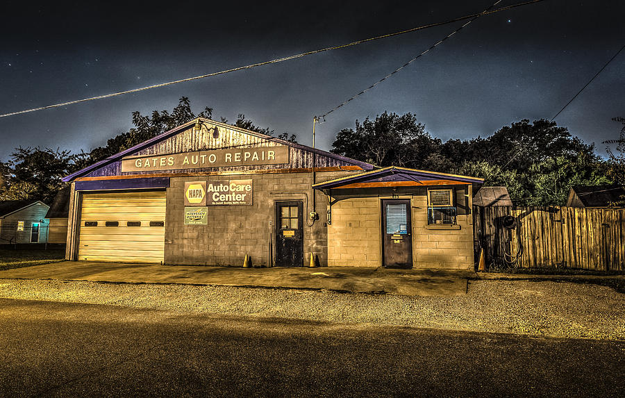 Old Auto Repair Shop at Night Photograph - Gates Auto Repair by David Morefield