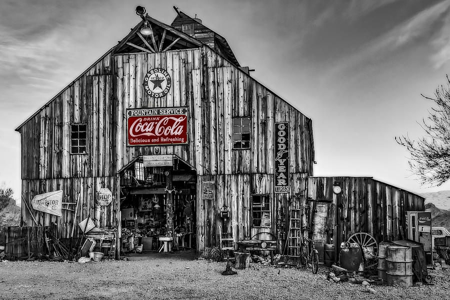 Rustic Vintage Barn with Coca-Cola Sign Photograph - Ghost Town Barn BW by Susan Candelario