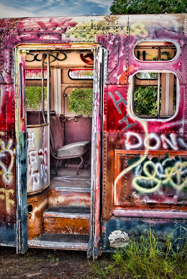 Vibrant Graffiti on Abandoned Bus Photograph - Haunted Graffiti Art Bus by Susan Candelario