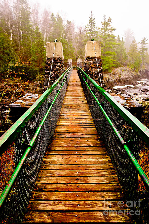 Scenic Wooden Suspension Bridge Photograph - Jay Cooke Swinging Bridge In Fog by Duluth To Door County Photography