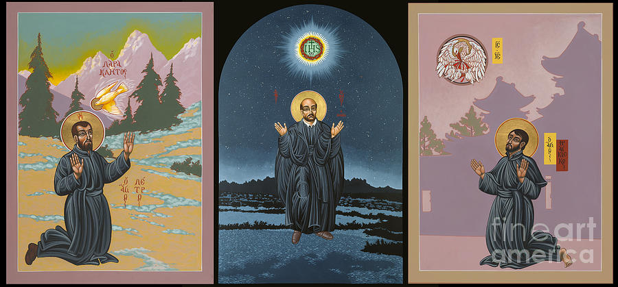 Jesuit Triptych: Saints Ignatius, Faber, Xavier Painting - Jesuit Triptych-St Peter Faber-St Ignatius-St Francis Xavier by William Hart McNichols