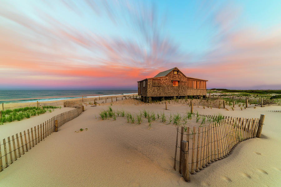 Coastal Sunset with Wooden Shack Photograph - Judges Shack NJ Shore by Susan Candelario