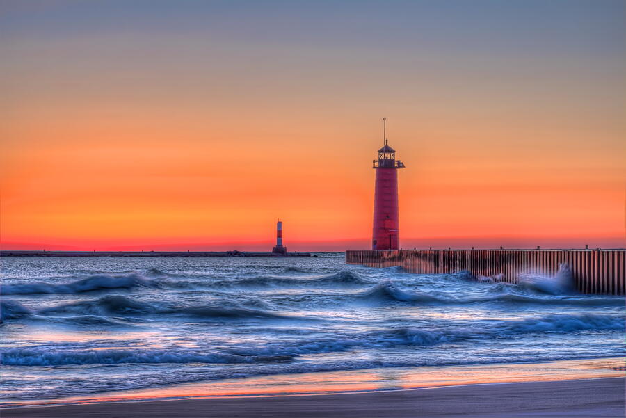 Kenosha Lighthouse at Sunrise Photograph - Kenosha Lighthouse Dawn by Dale Kauzlaric