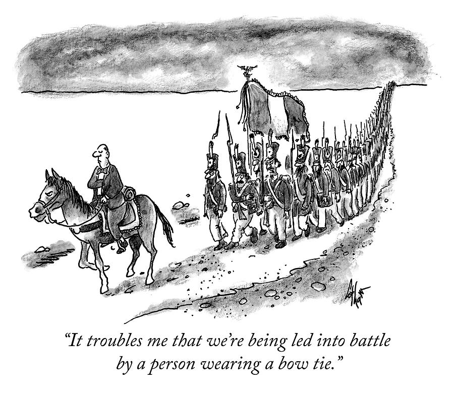 Humorous Military Procession Drawing - Led into battle by a bow tie by Frank Cotham