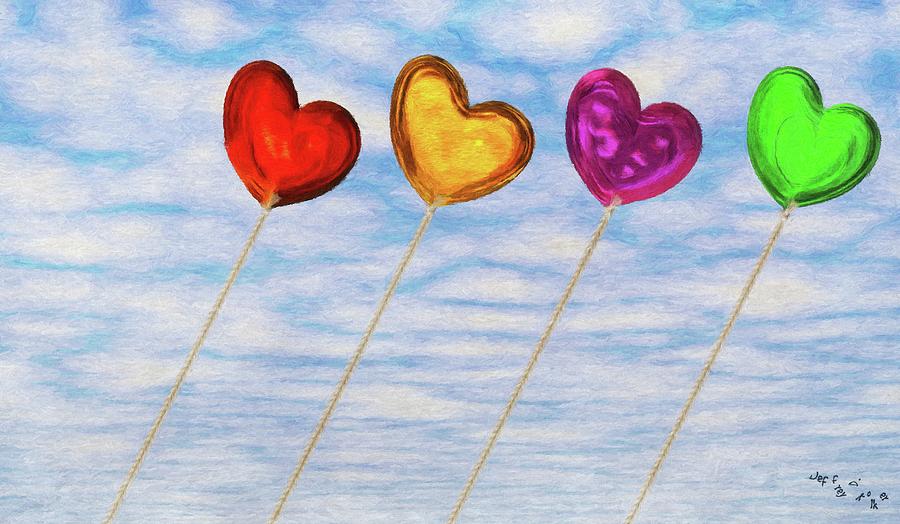 Colorful Heart Balloons in the Sky Painting - Lighter than Air by Jeffrey Kolker