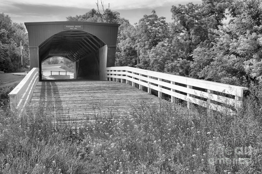 Historic Wooden Covered Bridge Photograph - Madison County Roseman Covered Bridge Black And White by Adam Jewell