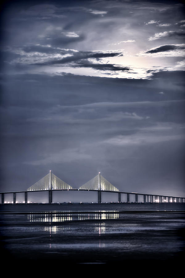 Illuminated Suspension Bridge at Night Photograph - Moonrise Over Sunshine Skyway Bridge by Steven Sparks