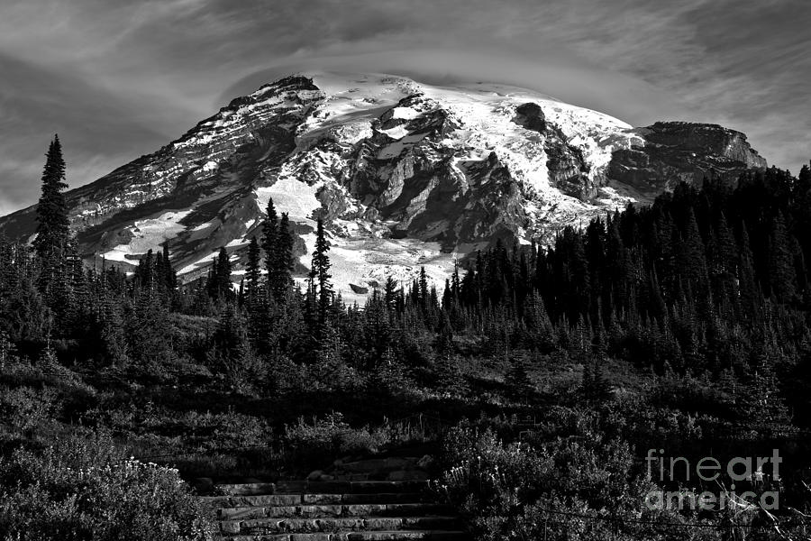 Majestic Snowcapped Mountain Photograph - Morning Glory At Mt. Rainier - Black And White by Adam Jewell