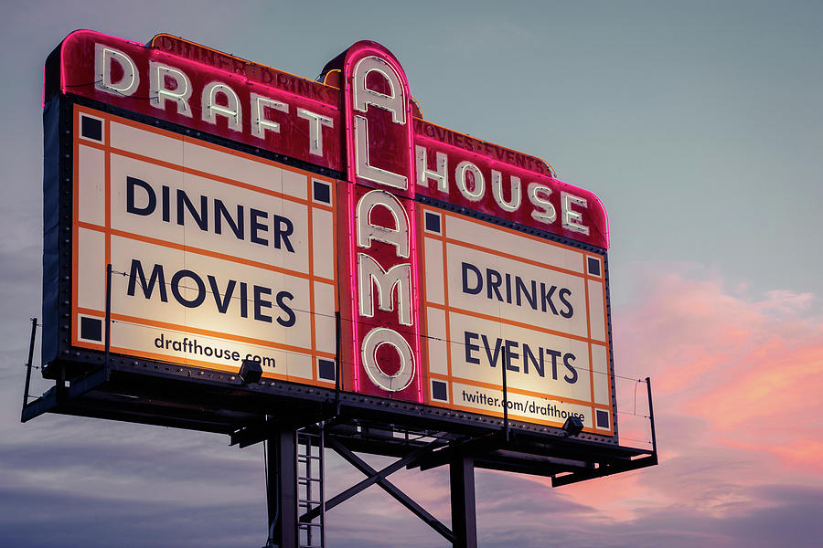 Alamo Drafthouse Sign at Sunset Photograph - Movie Night by Slow Fuse Photography
