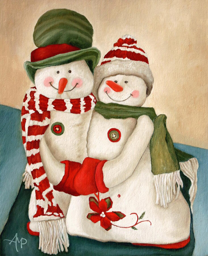 Mr. And Mrs. Snowman Vintage Painting by Angeles M Pomata
