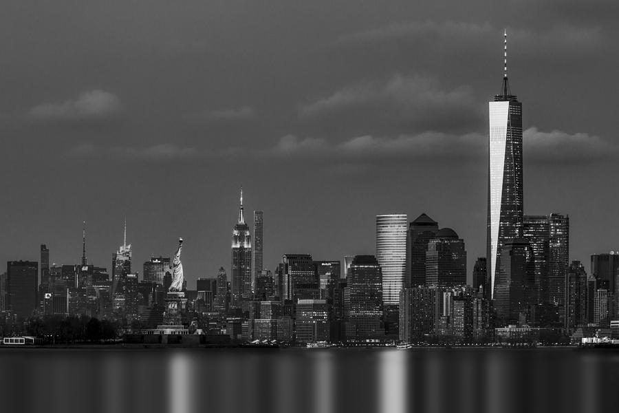 New York City Skyline at Night Photograph - New York City Icons BW by Susan Candelario