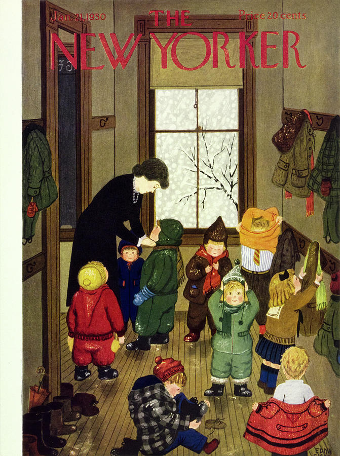 Winter Fun in a Cozy Room Painting - New Yorker January 21 1950 by Edna Eicke