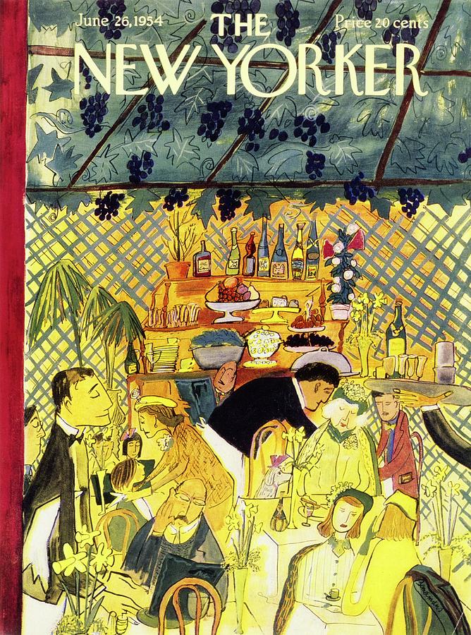 Elegant Gathering at a Vibrant Cafe Painting - New Yorker June 26 1954 by Ludwig Bemelmans