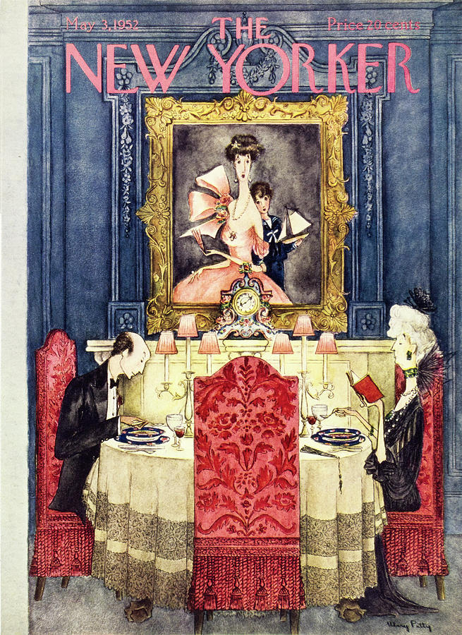 Elegant Dinner Scene with Portrait Painting - New Yorker May 3 1952 by Mary Petty
