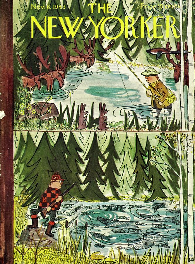 Fishing and Hunting in the Woods Painting - New Yorker November 6 1943 by Ludwig Bemelmans