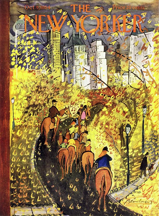 Autumn City Horseback Ride Painting - New Yorker October 09 1954 by Ludwig Bemelmans