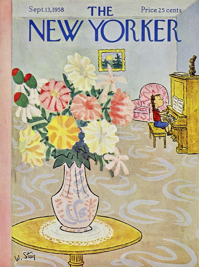 Colorful Floral Arrangement in Living Room Painting - New Yorker September 13 1958 by William Steig