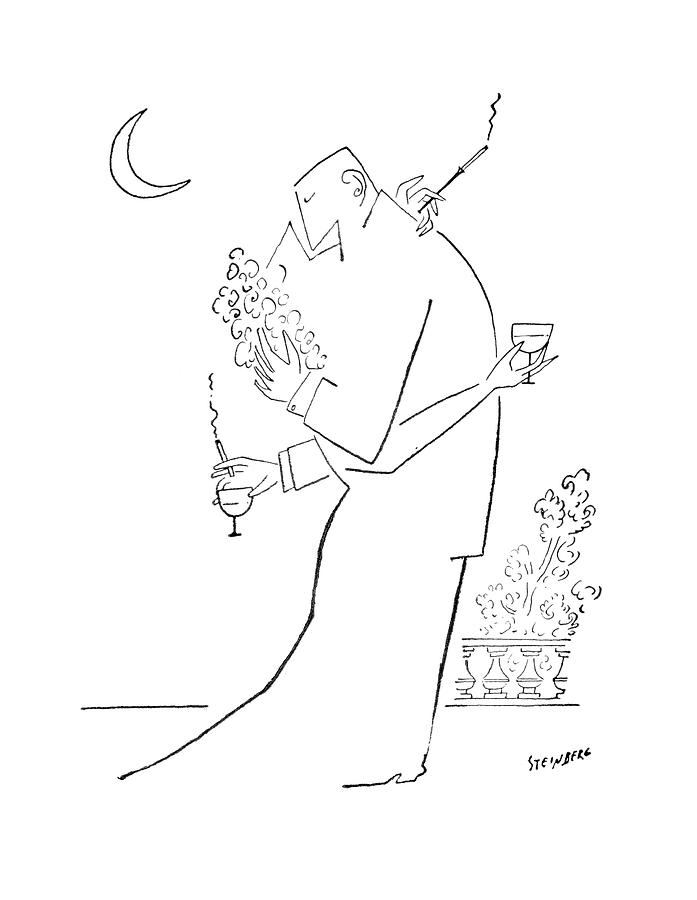 Elegant Smoking Couple Under Moonlight Drawing - New Yorker September 5th, 1953 by Saul Steinberg